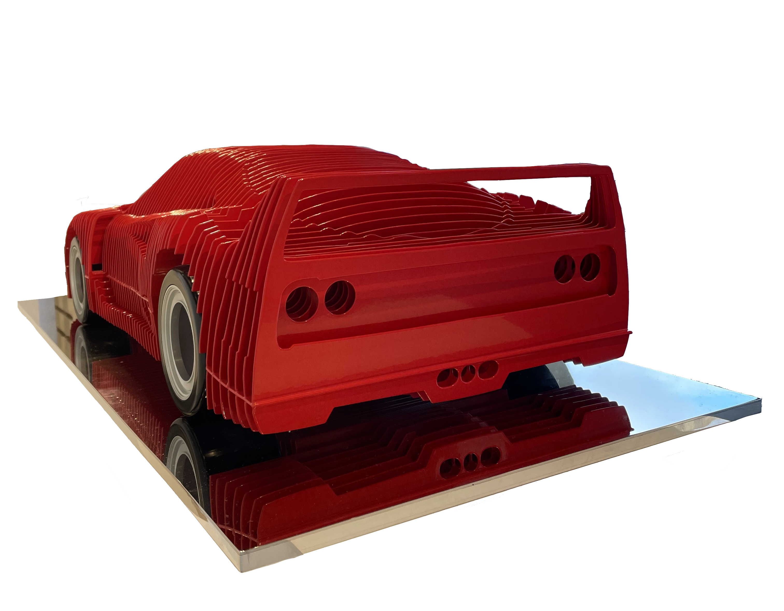 Antoine Dufilho - Ferrari F40 2020, Socle en inox poli – roues en aluminium massif poli et fuselage en acier anodisé noir 19 × 80 × 36 cm |7 1/2 × 31 1/2 × 14 1/5 in Edition de 8 © Marciano